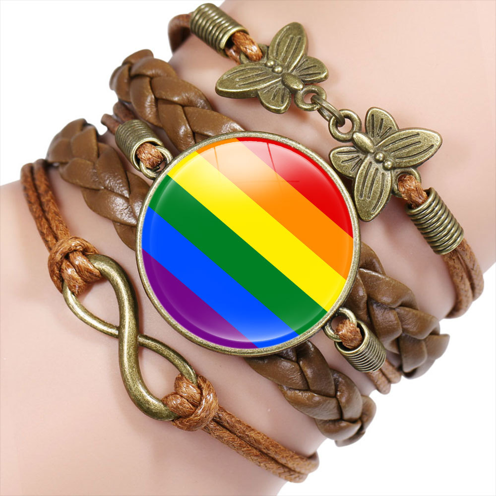 

Rainbow Gay Pride Lgbt Flag Glass Cabochon Charm Leather Wrap Bracelets & Bangles for Women Men Bracelet Jewelry