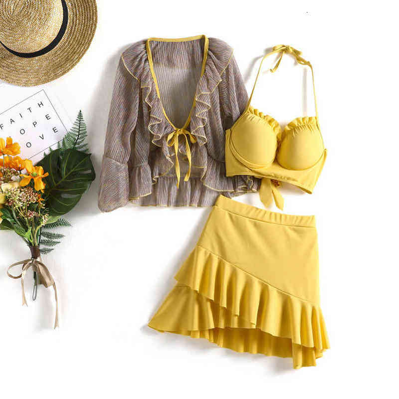 3 Piece Bikini Women Solid Yellow Long Sleeve Mesh Push Up Brazilian Biquini Bathers Bathing Suit Skirt Ruffle Swimsuit-image-558314541