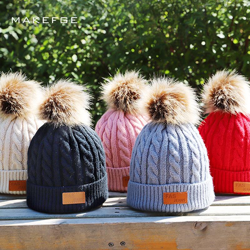 

Solid Color Kids Knitted Cotton Hats Warm Pompoms Loose Caps Boys And Girls General Autumn And Winter Ski Beanies Skullies