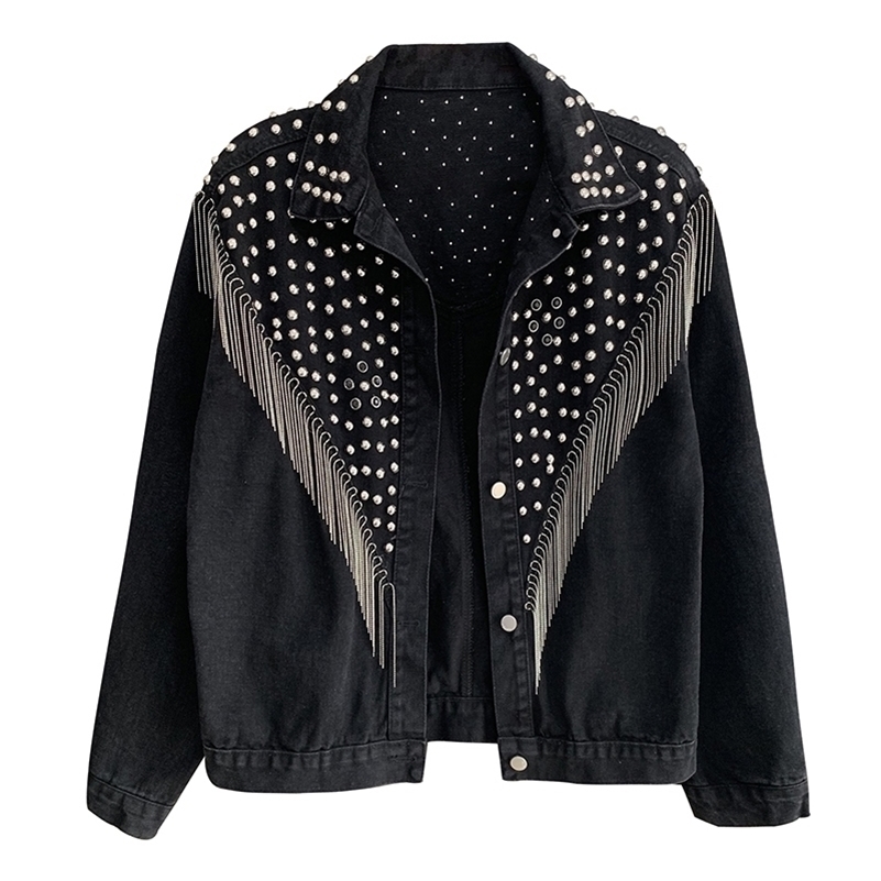 

PERHAPS U Women's Denim Blue Black Gray Jacket Button Long Sleeves Jean Turn Down Collar Pocket Rivet Tassel C0505 201112