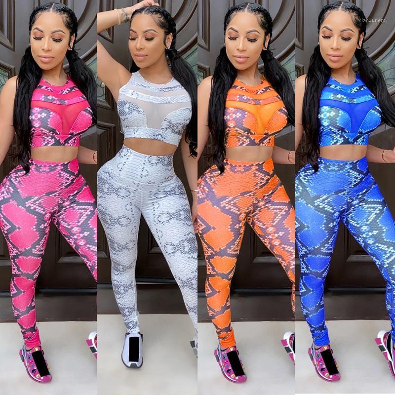 

Snake Print 2 Piece Outfits for Women Crop Tank Top Pants Yoga Set1, Red