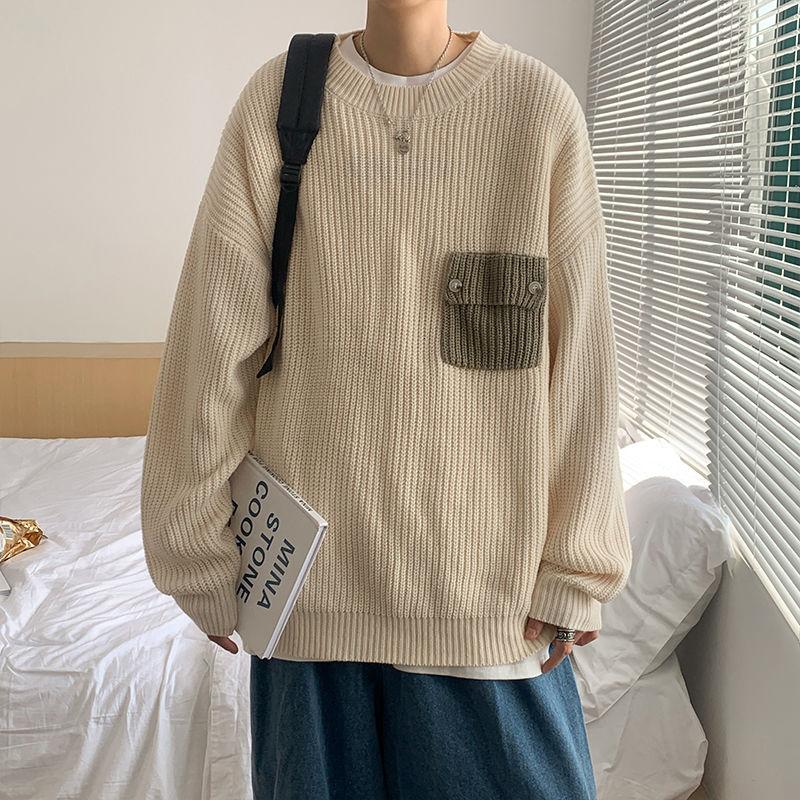 

Men's sweater 2020 Autumn winter new slim solid color pocket long-sleeve sweater casual fashion youth men's clothing, Black