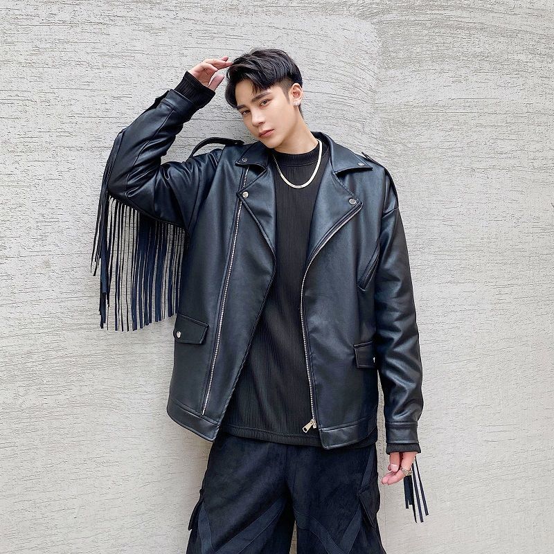 

2021 New Dark Streetwear Men's Loose Popular Design Felt Fried Leather Jacket Recommend 1N4K, Black
