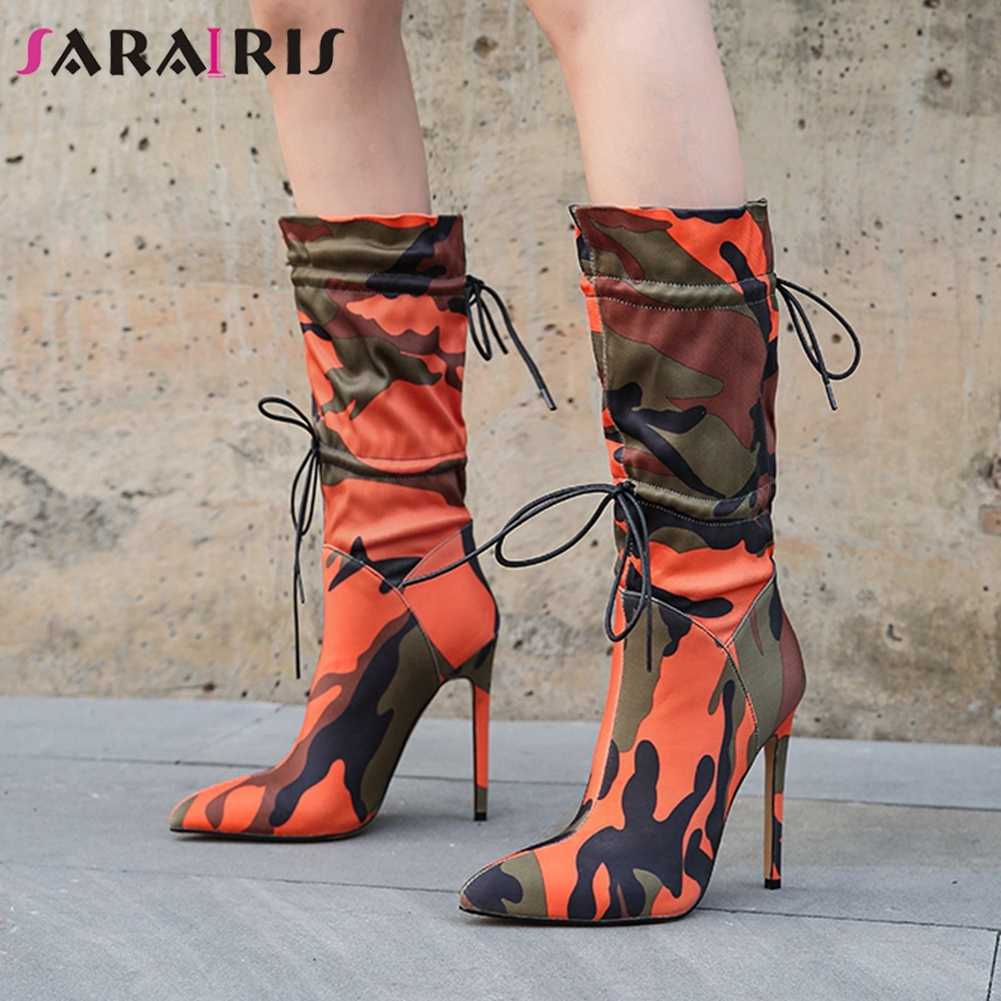 

SARAIRIS Retro Fashion Female Winter Boots Pointed Toe Boots Women Mixed Color Brand Lace Up High Heels Mid Calf Shoes Woman, Black