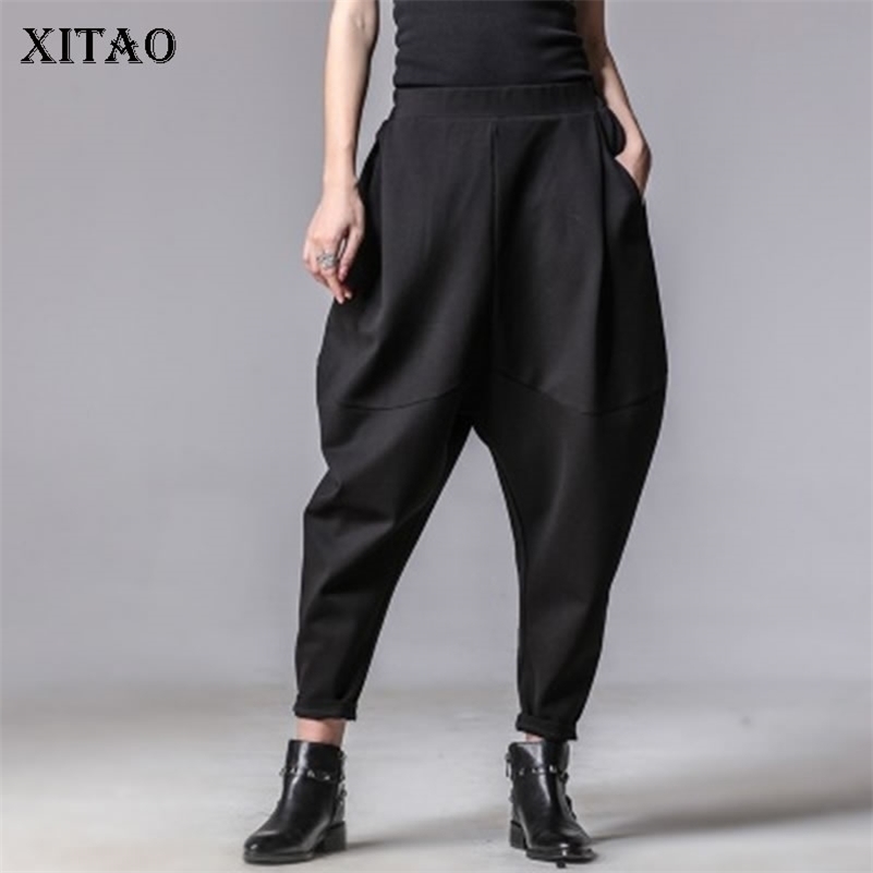 

XITAO Plus Size Women Autumn Winter Pants Personality Elastic Waist Black Harem Pants Tide Casual Spliced Trousers New XWW3091 201228, Black xww3091