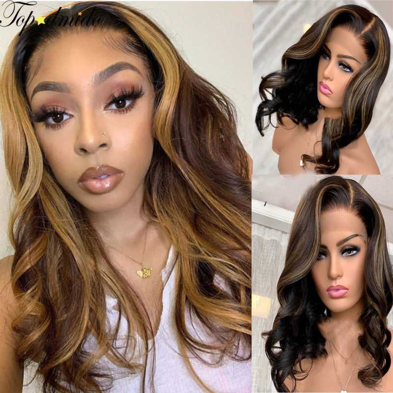 

TOPODMIDO Highlight Color Body Wave Front Lace Wig 180 Density Bleached Knots Malaysia Human Remy Hair Short Wigs with Baby Hair, As pic