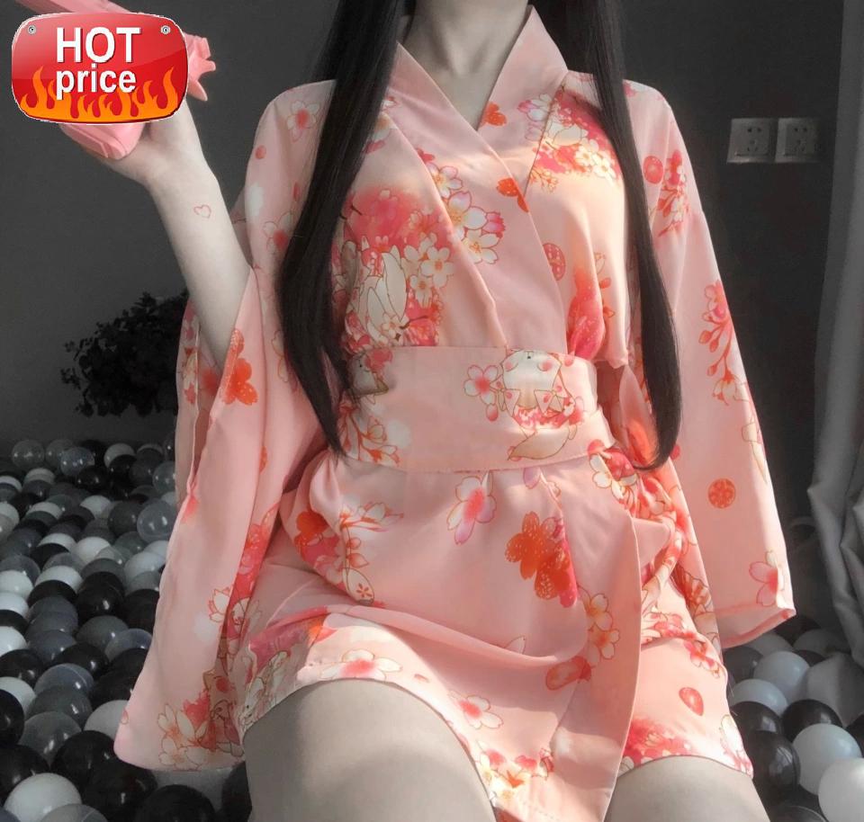 

Japanese Kimono Sexy Cosplay Outfit for Women Traditional Style Robe Yukata Costumes Pajamas Soft Silk Belt 3pcs Set Pink Set #fd9H, Black;white