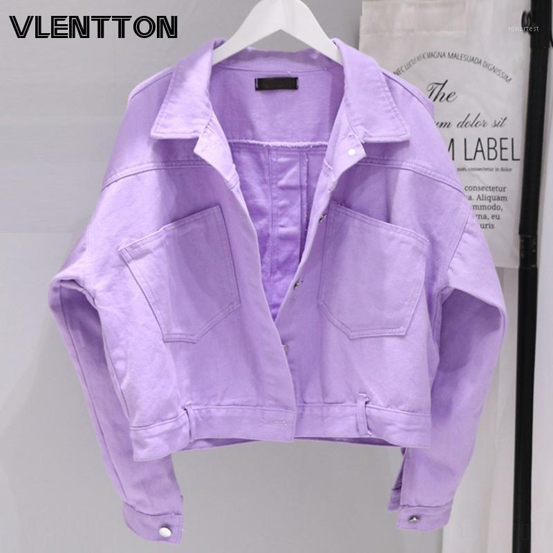 

Women' Jackets 2021 Spring Autumn Women Oversize Purple Jeans Solid Pockets Casual Loose Short Denim Coat Female Korean Cowboy Tops1