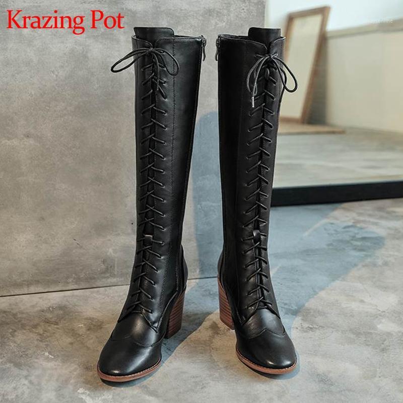 

krazing pot cow leather cross-tied mature lady design knee-high boots round toe high heels stovepipe keep warm winter boots l521, Black