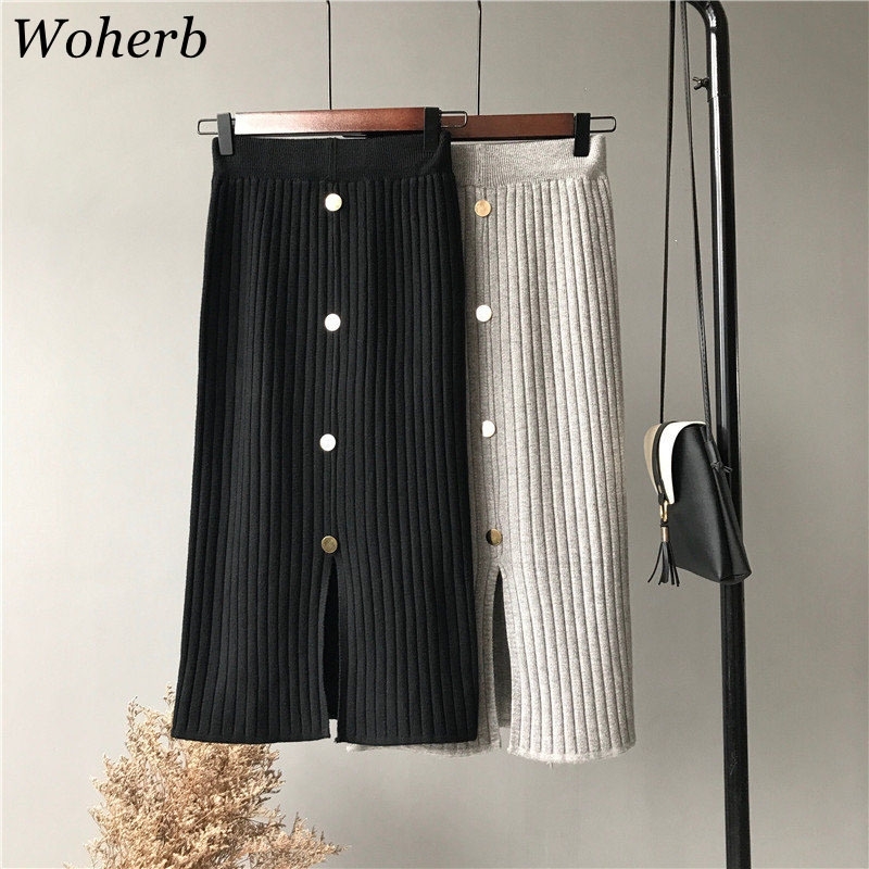 

Woherb Korean Sexy Split Skirts Womens Casual Spring Knitted Pencil Skirt Female High Waist Long Skirt Jupe Femme 20254 Y200326, Dark grey