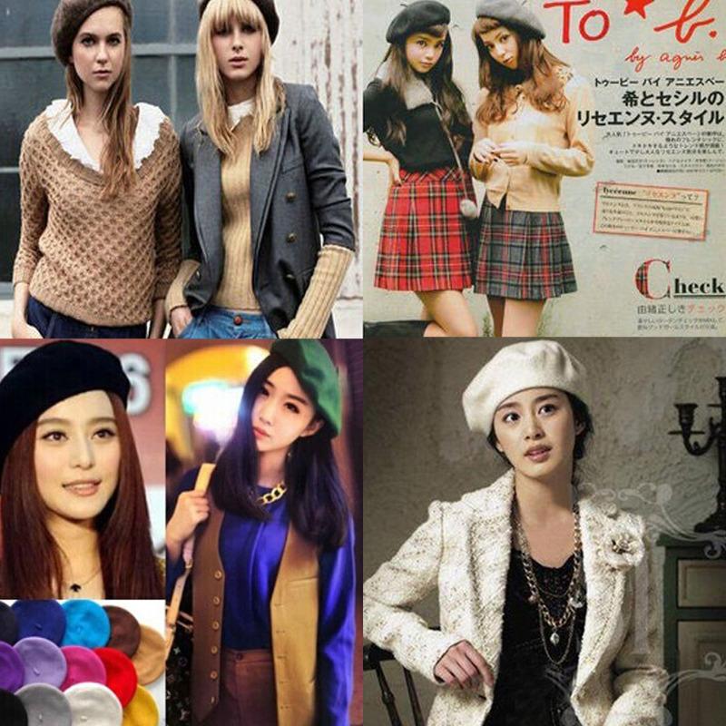 

2020 Fashion Women Berets Cute Women Hat Womens Sweet Solid Warm Wool Winter Beret French Artist Beanie Hat Cap Berets, Black