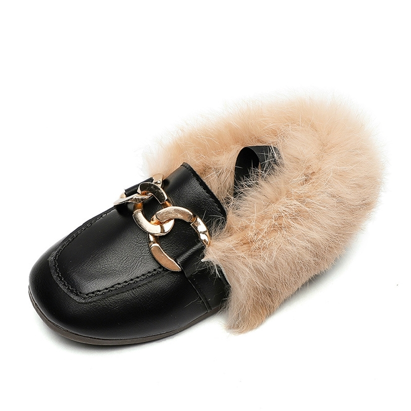

JGVIKOTO Brand Autumn Winter Girls Shoes Warm Cotton Plush Fluffy Fur Kids Loafers With Metal Chain Boys Flats Children 220114, Pink