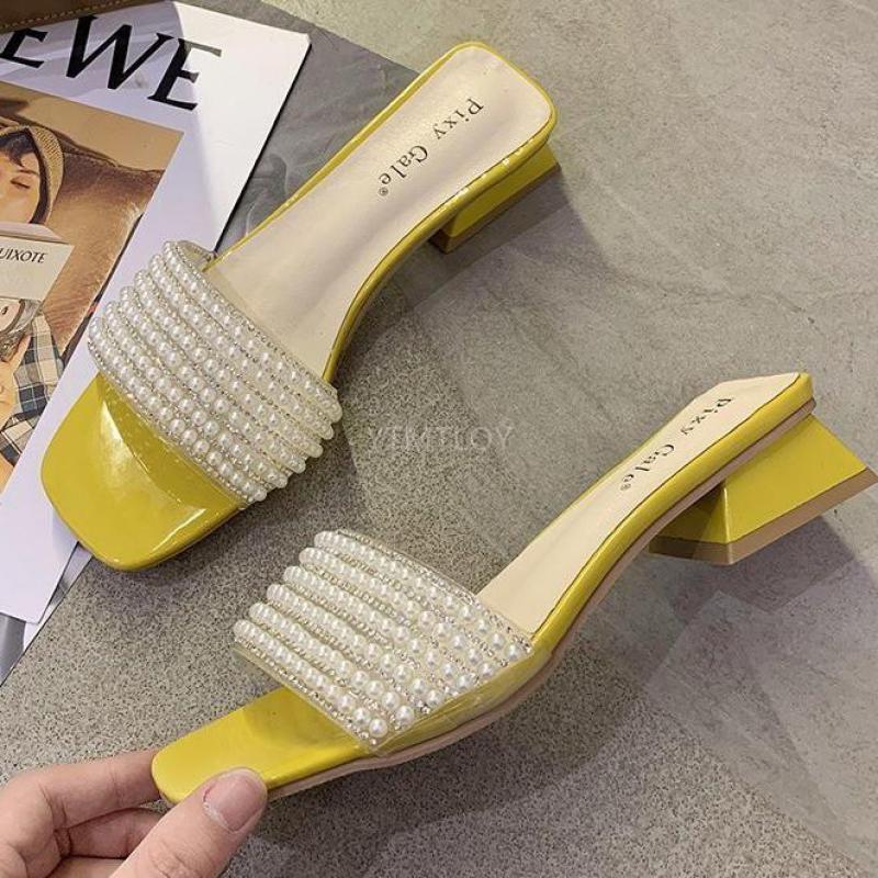 

2021 New Summer Slides Women Mules Sandals High Heels Slippers Square Heel Beach Flip Flop Zapatillas Mujer Casa, Beige