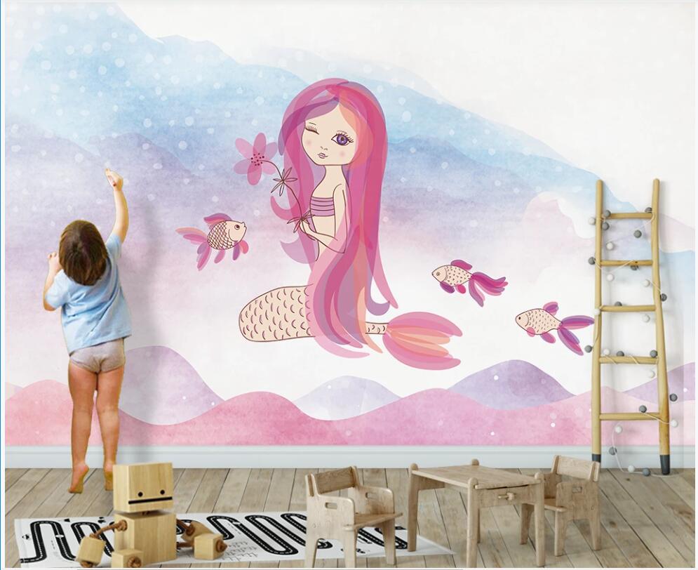

custom photo mural on the wall 3d wallpaper Cartoon mermaid kids room home decor 3d wall muals wall paper for walls 3 d in rolls, Non-woven wallpaper