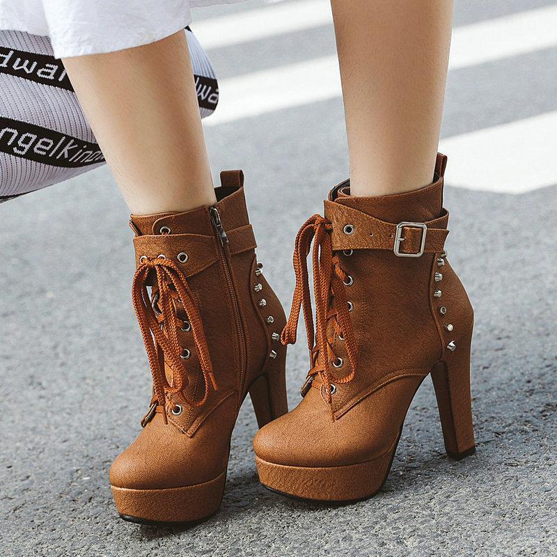 

Women PU Leather Boots Fashion Zipper Rivet Ankle Booties Ladies Platform Round Toe Square Heel Winter Boots1, Beige