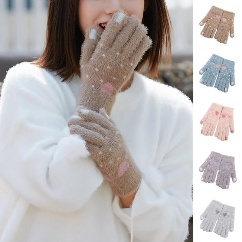

Five Fingers Gloves Women Cute Winter Knitted Soft Multifunctional Warm Plush Mitten Fashion Autumn Furry