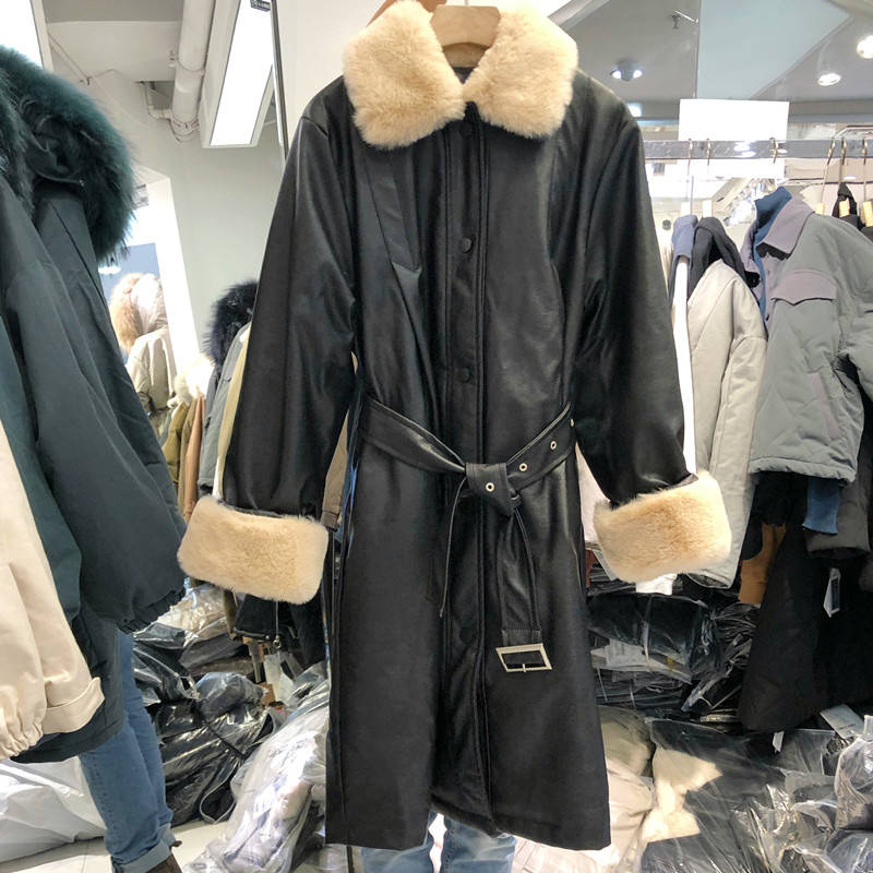 

spring women solid single breasted leather coats lady fur collar sashe street coats female thick outwear, Black