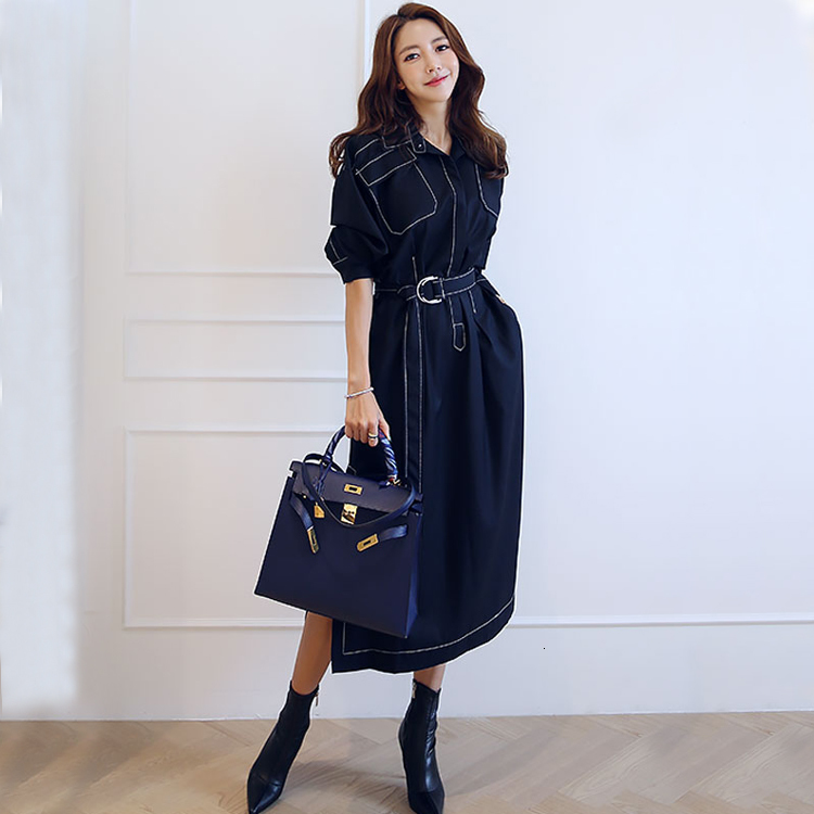 

2021 New Arrival Fashion Women Autumn Jacket Long Sleeve Lace-up Sashes Retro Vestido Robe Femme Ete Sukienki 5k2b, Navy blue