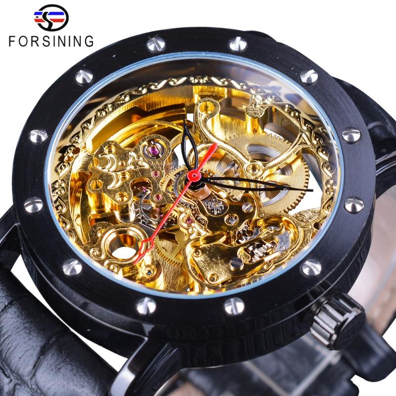

Forsining Royal Flower Carving Gear Golden Movement Transparent Genuine Leather Bezel Mens Mechanical Watches Top, Silver black