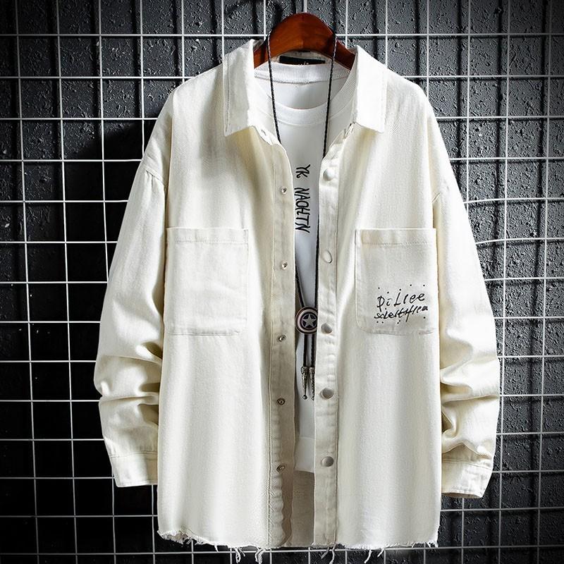 

Personality Korean Back Letter Printed Mens Denim Jackets Long Sleeve Single Breasted Lapel Male Medium Length Coats Plus Size, Black