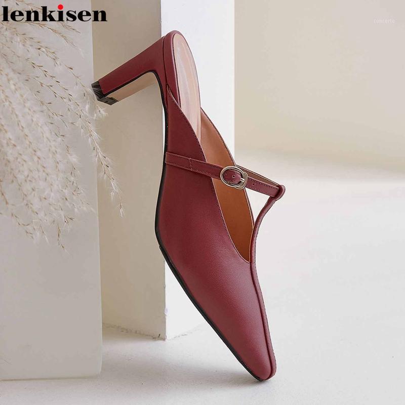 

Lenkisen new high street fashion small square toe high heels metal decorations solid mules dating beauty lady lace on pumps L021, Beige