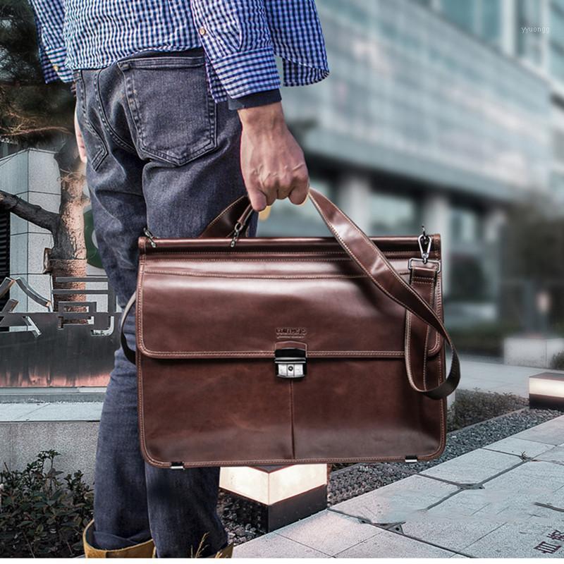 

Genuine Leather business men's briefcase large capacity 17" laptop bag male handbags multifunctional men Commuter bags Cowhide1, Brown