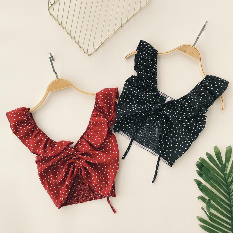 

summer t-shirt Fashion female casual wild Sexy V neck polka dot sweet slim T shirt Drawstring short t-shirt, White