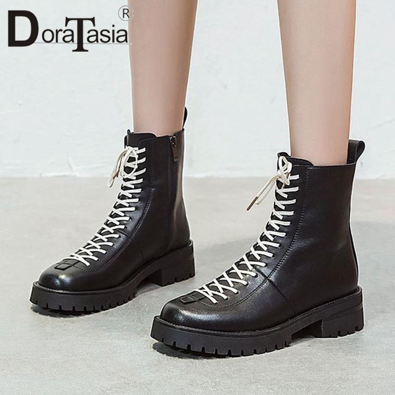 

DORATASIA New Female Ankle Boots Platform Fashion Chunky Heels Zip Cross Tied Motorcycle Boots Women Party Office Shoes Woman, Black
