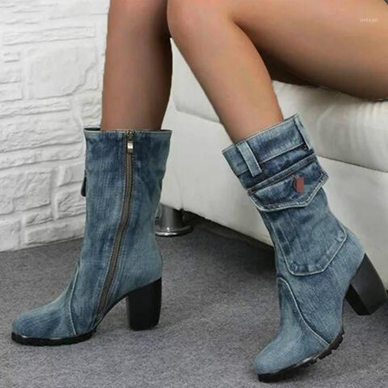 

Sexy Jean Boots Women's Mid Calf Boot Zipper High Heel Woman Stylish Jeans Boots Ladies Denim Boot Female Shoes Cowboy 2020 New1, Navy
