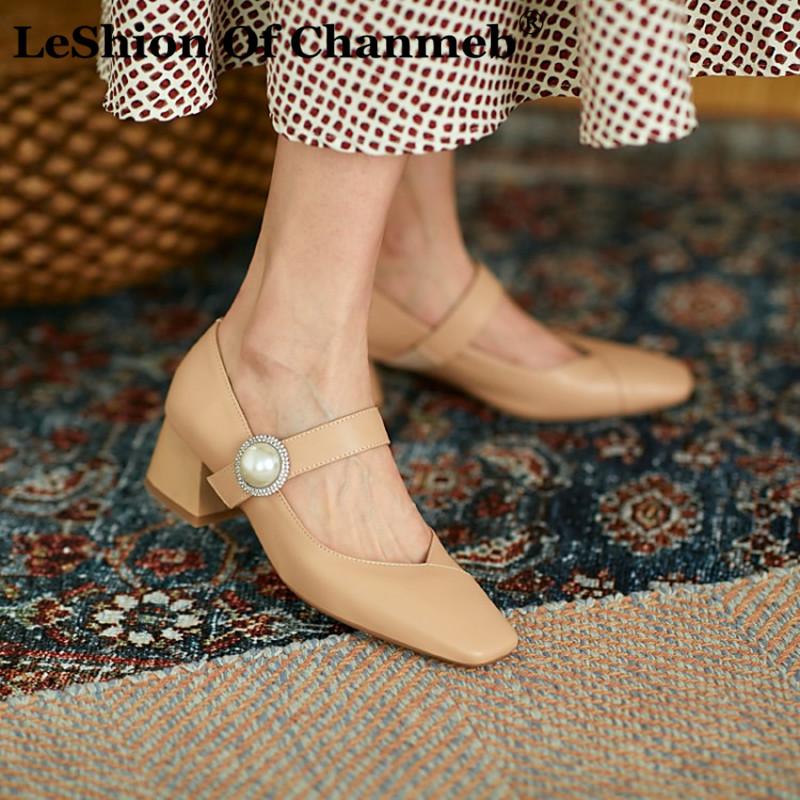 

LeShion Of Chanmeb Shiny Big Egg Pearls Embellish Crystal Genuine Cow Natural Leather Pumps Women Medium Block Heels Party Shoes, Red pumps