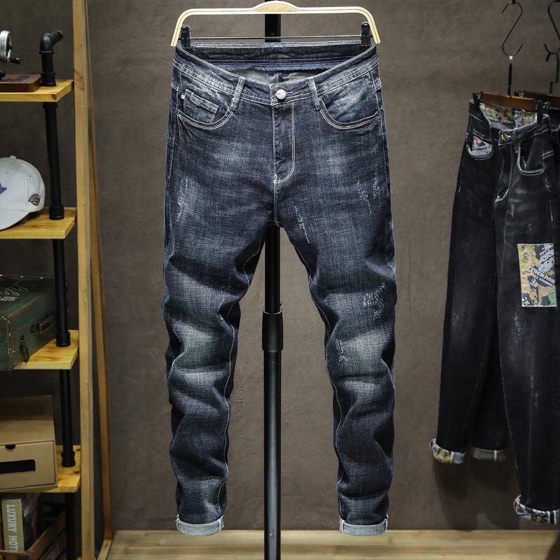 

2020 Autumn Winter Business Men Casual Jeans Slim Fit Cotton Soft Denim Pants Trousers Solid Color Work Blue Jeans for Men,935