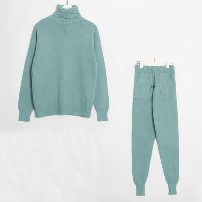 

Two Piece Suit Women's Slim Solid Full Sleeve Turtleneck Tops Long Length Pants 2021 New Autumn Winter Fashion Tide, Khaki