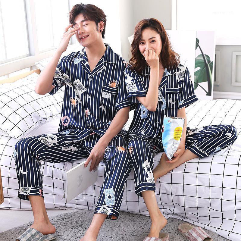 

Couples Men & Women Satin Pajamas Set 2pcs Shirt + Pant Home Clothes Lovers Sleepwear Pyjamas Suit1