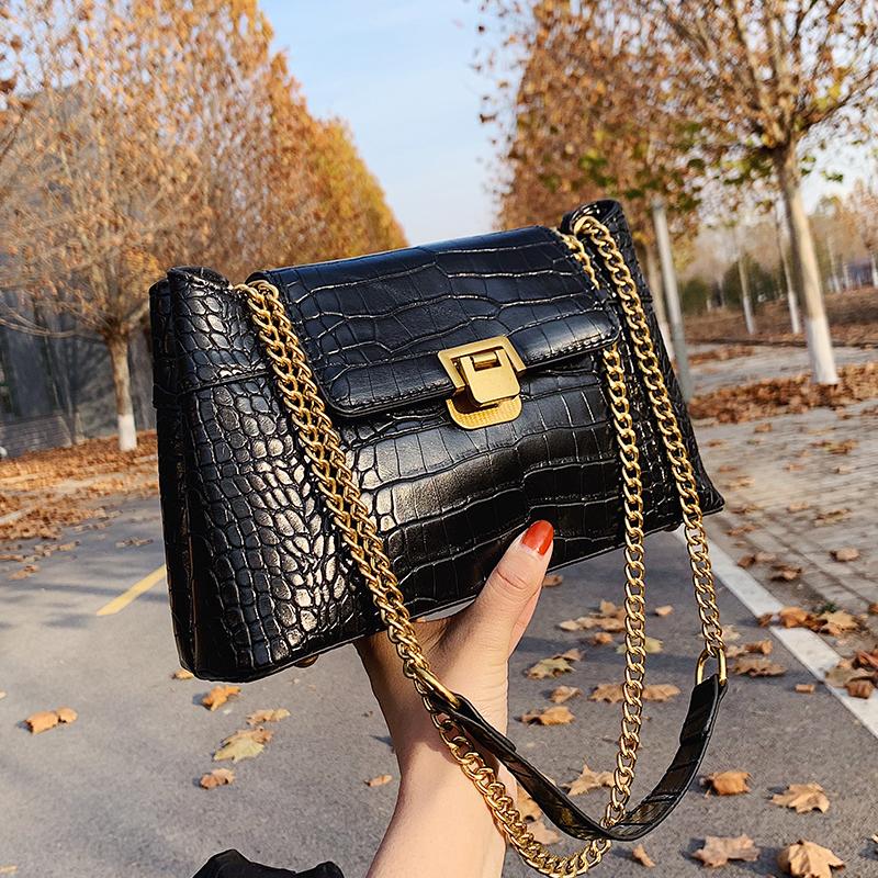 

Stone Shoulder Crossbody Messenger Bag 2021 New Chain PU Leather Luxury Designer Handbags Women Bags Travel Purse High Quality, Black