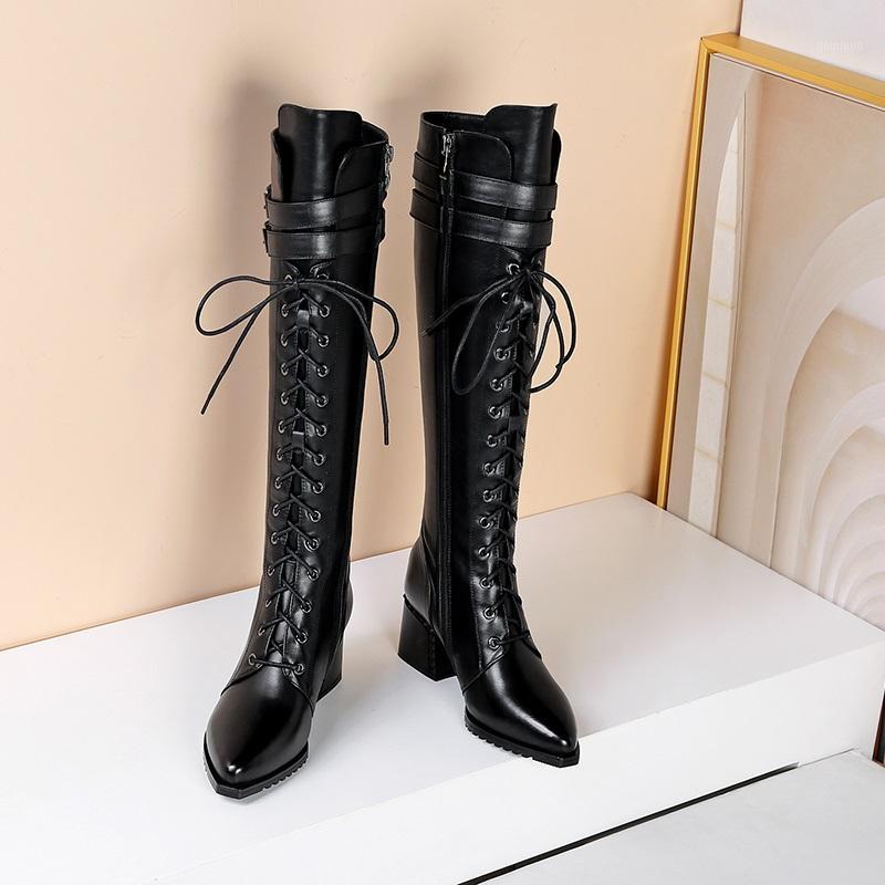 

plus size women shoes pointed toe steampunk gothic vintage style punk buckle combat knee high boots woman zapatos mujer1, Black