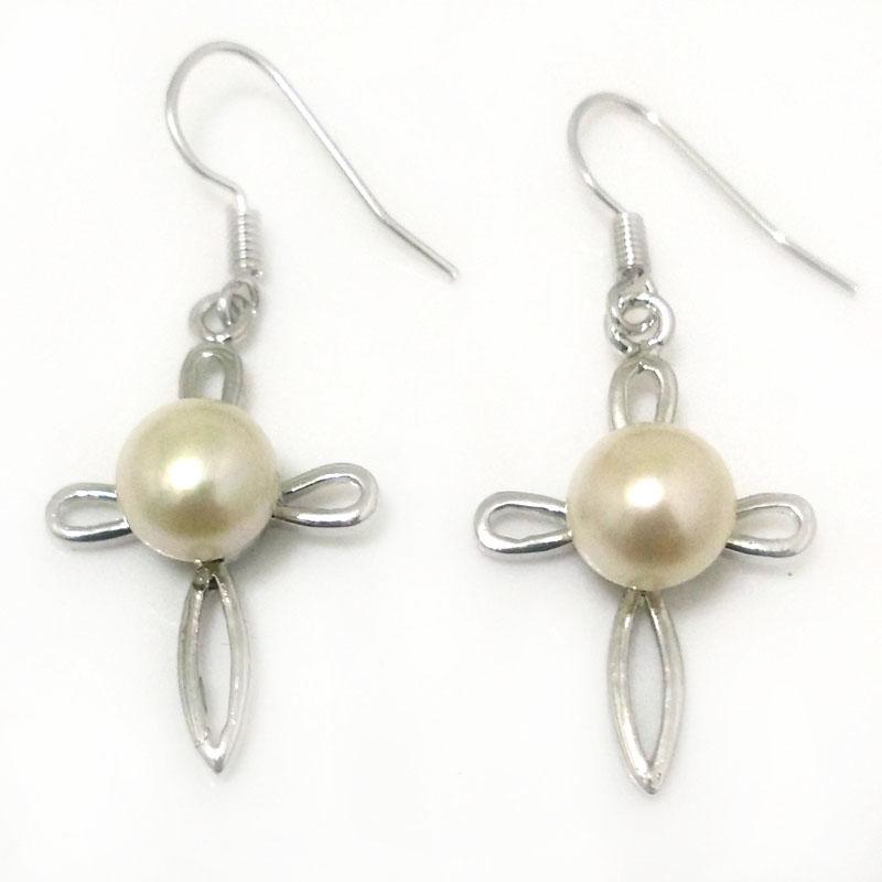 

8-9mm Natural White Button Pearl Cross Style Hook Earring