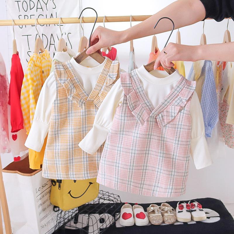 

pretty princess spring full sleeve solid tops shirt plaid ruched knee-length dresses toddler kids baby girls clothes sets 2pcs