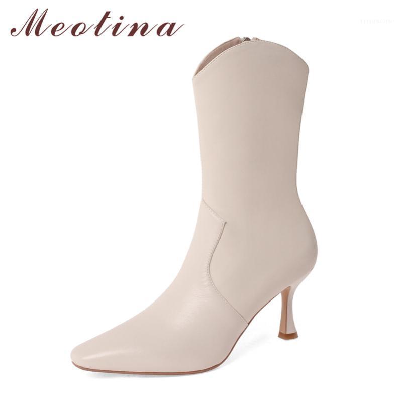 

Meotina Mid Calf Boots Women Shoes Real Leather High Heel Westren Boots Pointed Toe Stiletto Heels Zip Ladies Beige 33-401, Black synthetic lin