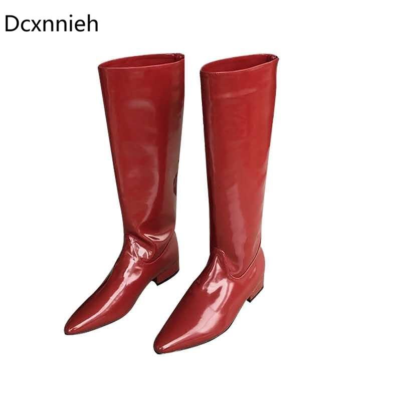 

Red pointed toe knee high boots women genuine leather chunky mid heel knight botas 2020 Autumn retro long boots for ladies Mujer, Black