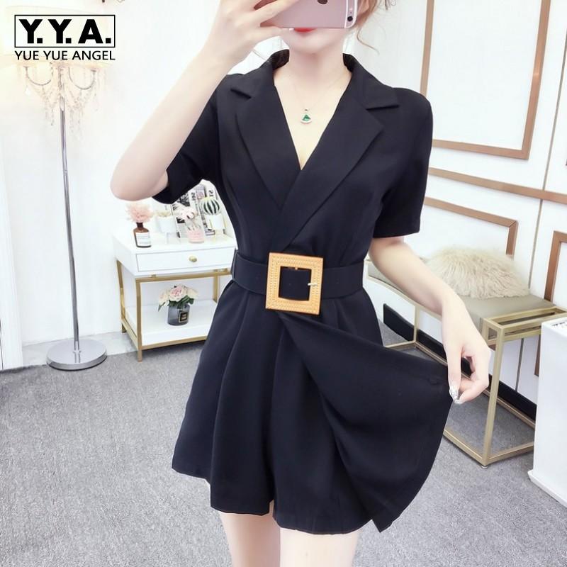 

Office Lady Overalls Summer New High Waist Loose Wide Leg Shorts Fashion Black Sashes Short Sleeve Rompers Womens Jumpsuit, Blue