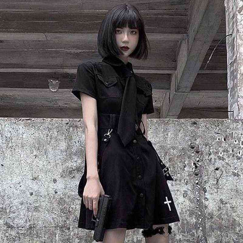 

QWEEK Goth Dress Punk Gothic Harajuku Summer Black Mini Dress Shirt Women 2021 Short Sleeve Emo Clothes Mall Goth Dark Academia G1223, Black not tie