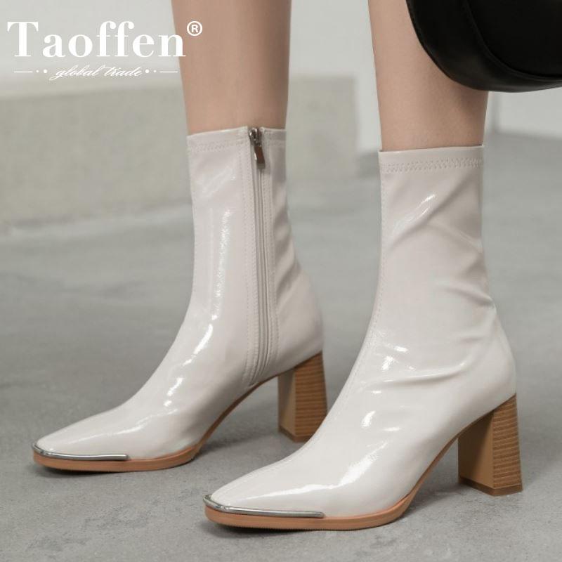 

TAOFFEN Women Mid Calf Boots Patent Leather Square Toe Women Winter Autumn Half Short Boots Fashion Shoes Woman Size 33-40, Black