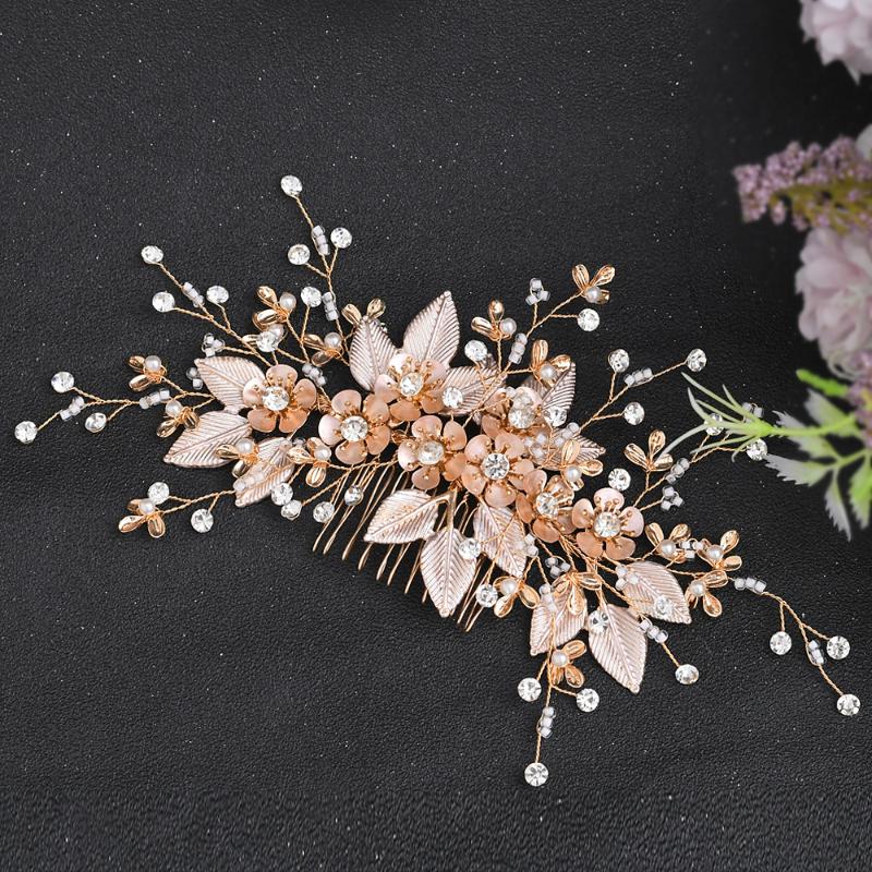 

ZMHP358 Alloy Flowers Bridal Headwear Hair Comb Rhinestones Handwork Forks Gold Leaf Bridal Hair Accessories Bridesmaid Gift