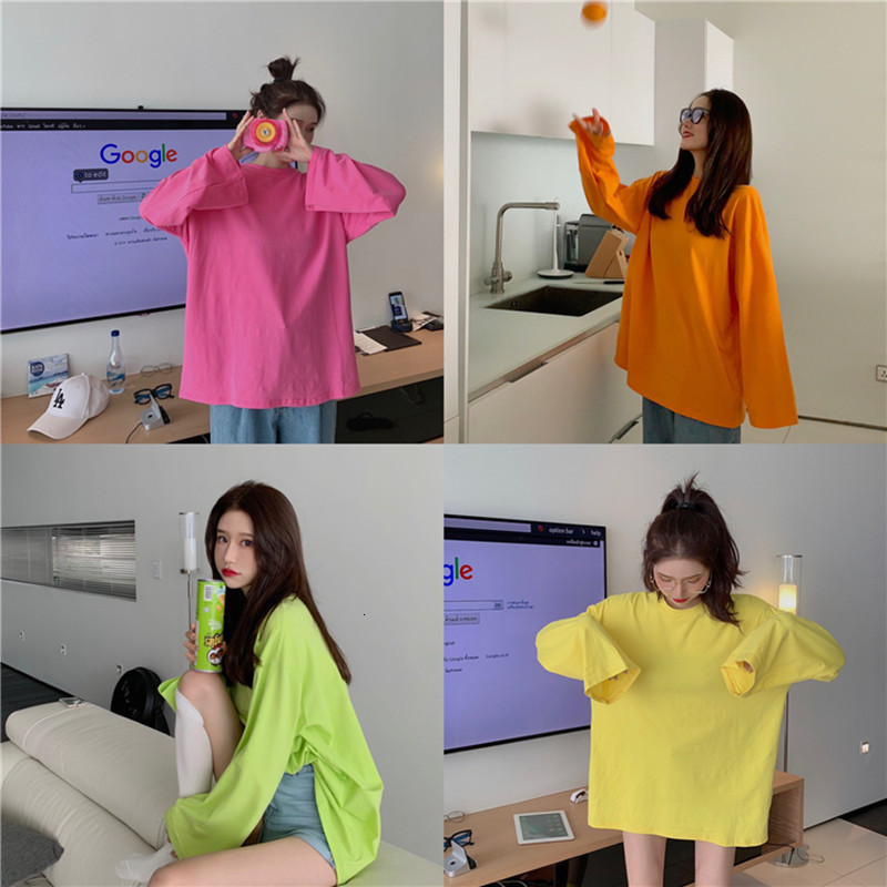 

2021 New 5 colors style women topos Korean color drop long sleeve women's femme shirt shirts (r99909 QLTX, Yellow.