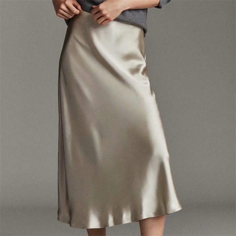 

New Hot Women Luxury Mid-calf Long Soft Smooth Silk Satin Skirts Office Lady Hight Waist Glossy Silver Black Party Skirt Y200326, 8809 silver