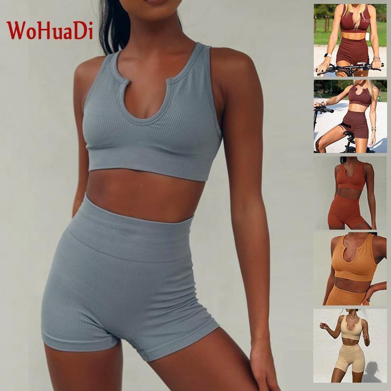 

WOHUADI 2021 Seamless Knitted Sexy Sports Short Sleeve Shorts Yoga Wear Fitness Suit Women' Clothing Set U-Neck Sportswear1, U neck blue
