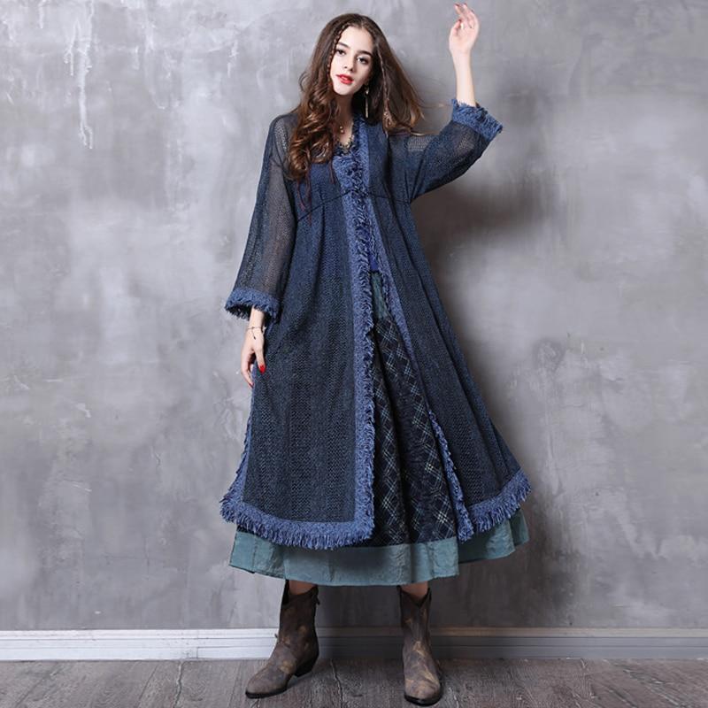 

FairyNatural Ladies Blue Retro Cardigan Tassel Sweaters 2021 Autumn Spring Long Sleeve Casual Women Long Cotton Blend Sweaters