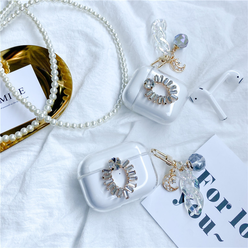 Sparkling diamond crystal stylish shockproof cover case for airpod 1 2 3 pro with lovely moon charm strap-image-640249568