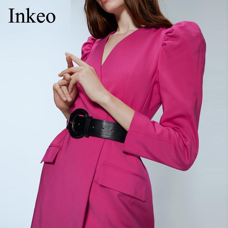 

Women Puff sleeve Blazer dress V-neck 2020 Autumn Elegant Female jacket with belt Fashion Office lady coat suit Chic INKEO 9O001, Fuchsia