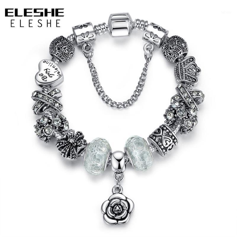 

ELESHE Fashion Crystal Rose Flower Heart Beads Bracelets For Women Original Silver Color Charm Bracelet Bangle Clearance Sale1